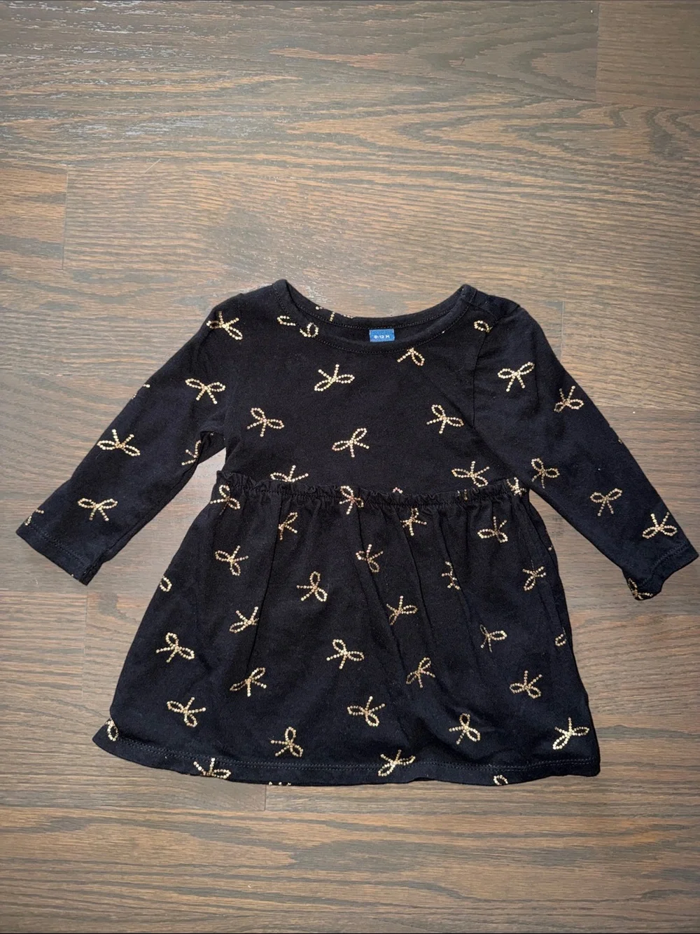 Old Navy Baby Girl Black Gold Bow Dress 6-12M Long Sleeve Holiday